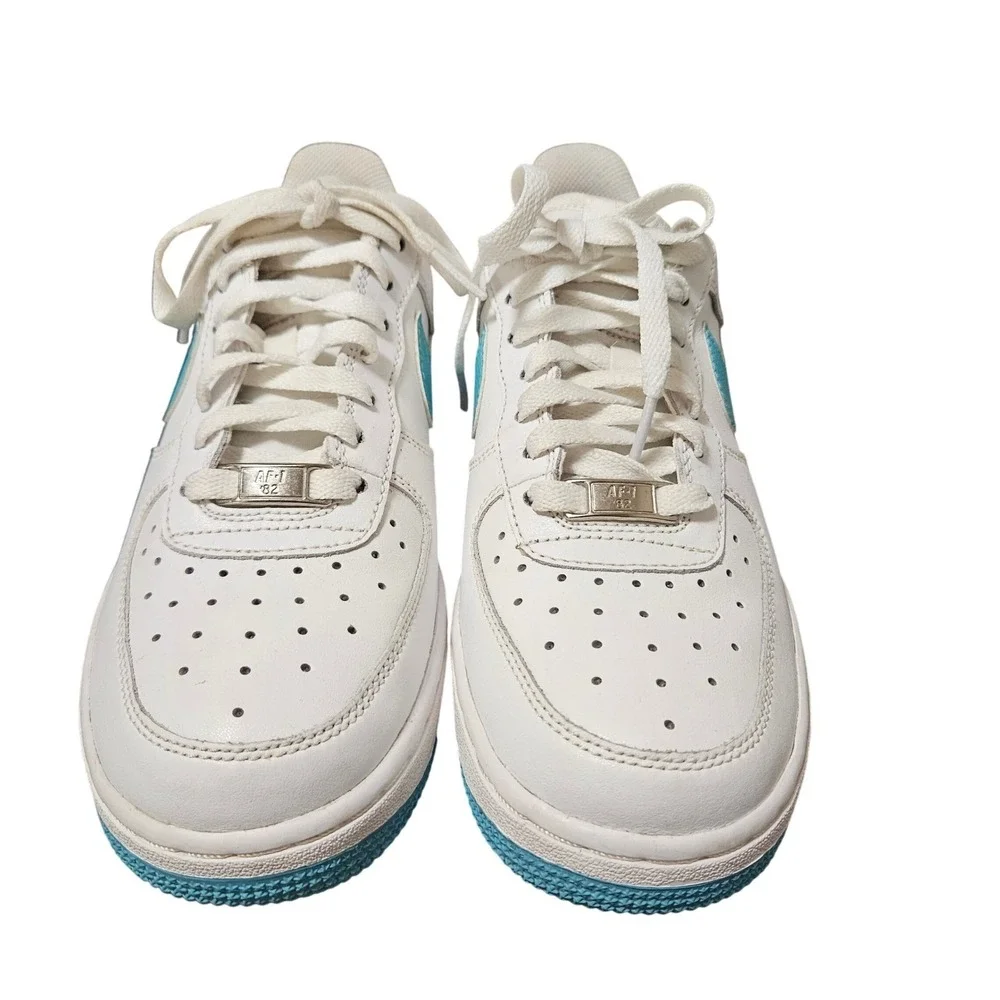 Nike Air Force 1 AF1 Low White Turquoise Teal Swoosh Leather Sneakers‎ 6.5Y